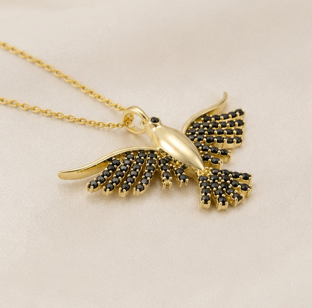 1.20Ct Round Cut Simulated Black Diamond Bird Pendant 14K Yellow Gold Plated