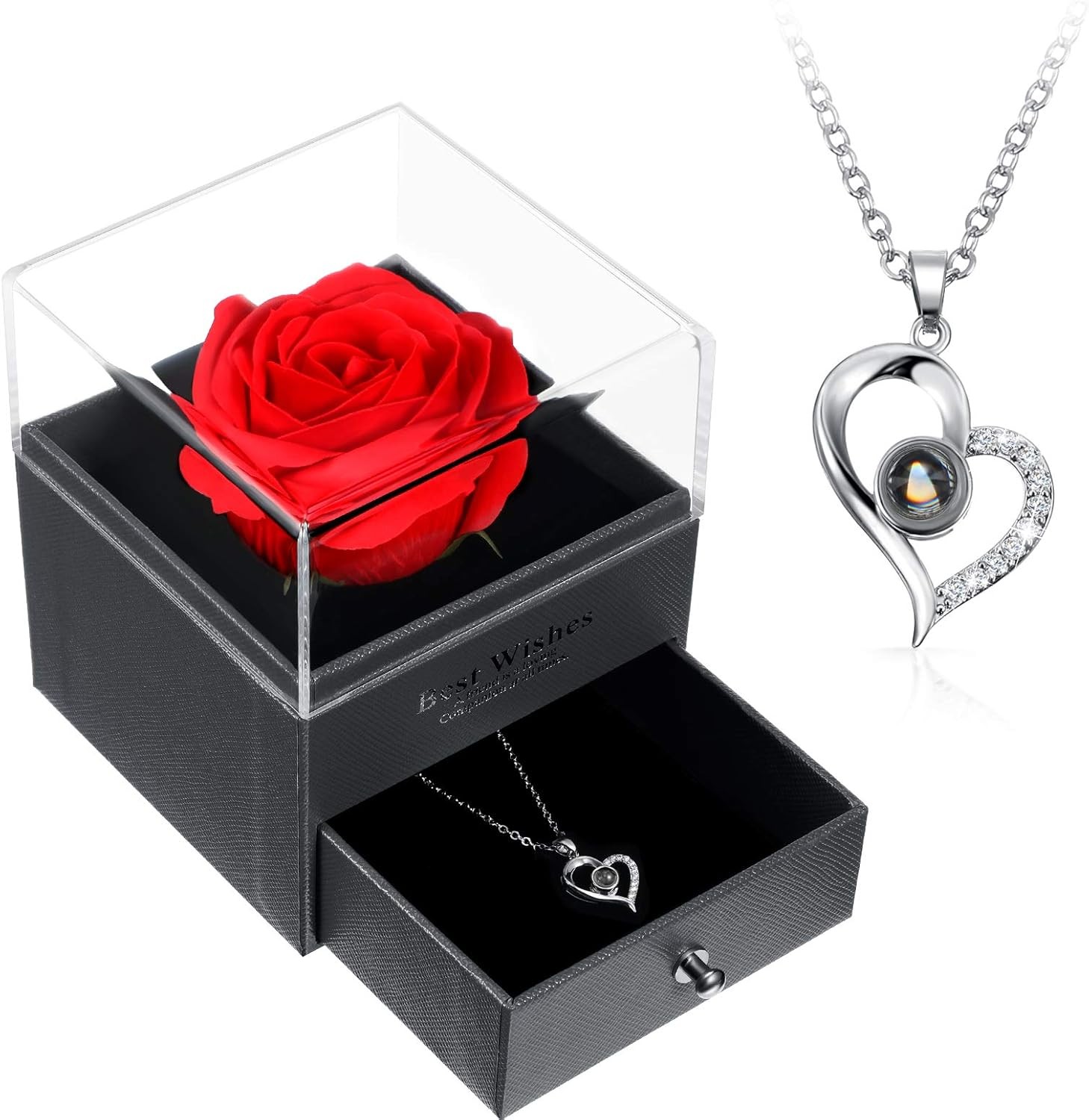 Valentine’s Day Necklace Gift, Heart Pendant with Preserved Red Rose Gift Box