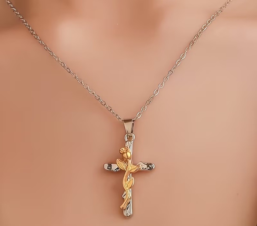 Fashion Rose Golden Floral Flower Cross Pendant Necklace Gift Women Silver Color