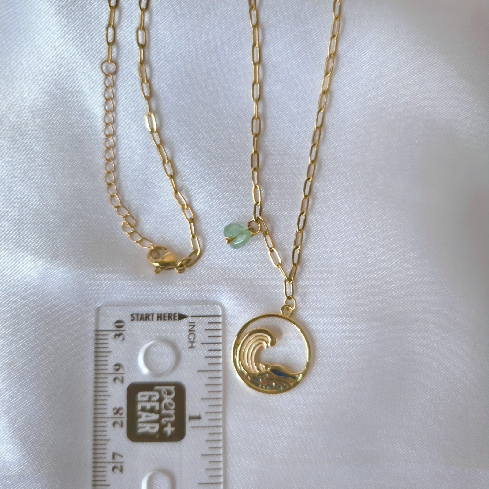 18K Gold-plated Link Chain Necklace w/ Round Wave Charm Pendant & Green Crystal