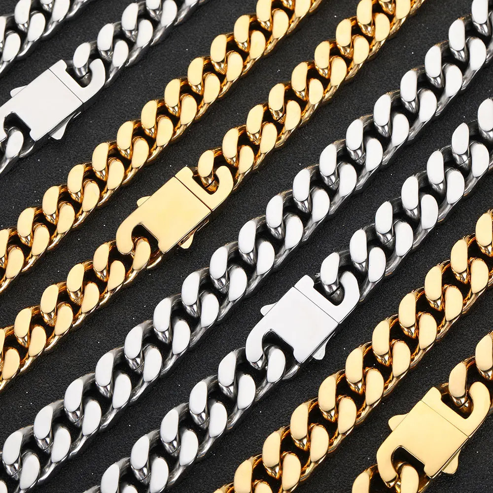 Cuban Link Chain Necklace Stainless Steel Flat Curb Wide Heavy Link Jewelry