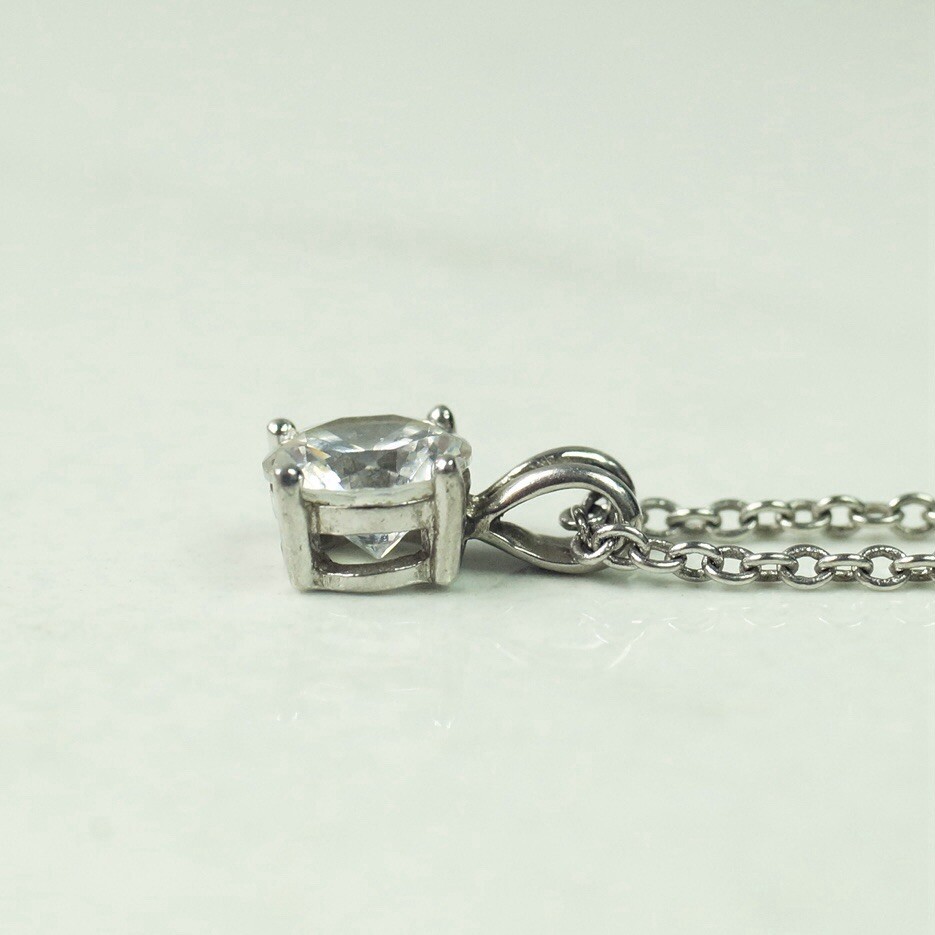 Sterling Silver Cable Chain Clear Colorless Round CZ Pendant Necklace