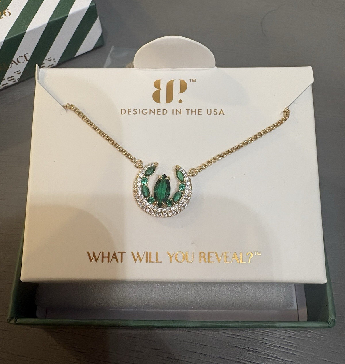 BP. Gold Plated Lab Emerald Horseshoe Pendant Necklace 18″ NK14073
