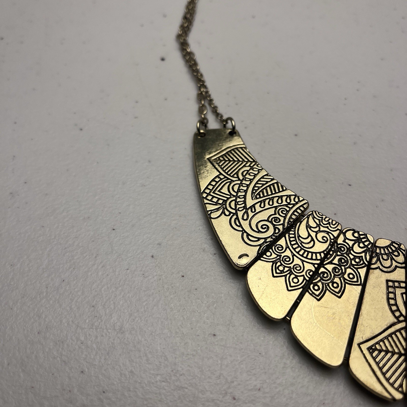 Gold Tone Bib Necklace Mandala Engraved Costume Jewelry Statement Adjustable 22″