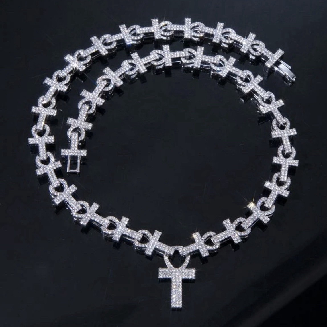 16mm Moissanite Micro Pave Ankh Link Chain – White Gold – 24 Inches