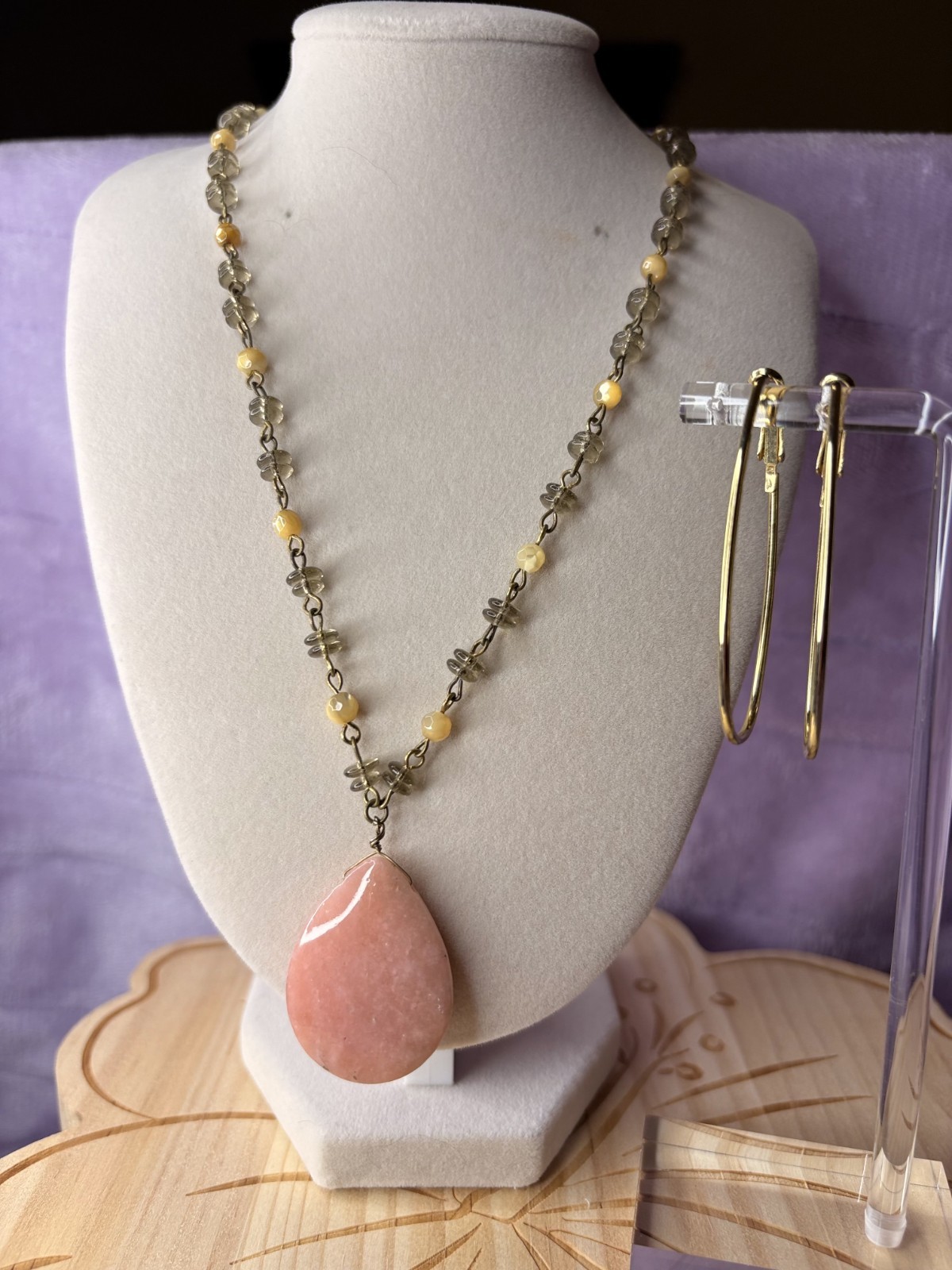 Rose Quartz, Yellow And Clear Beaded Necklace 3″ Extender, Gold Tone Earrings