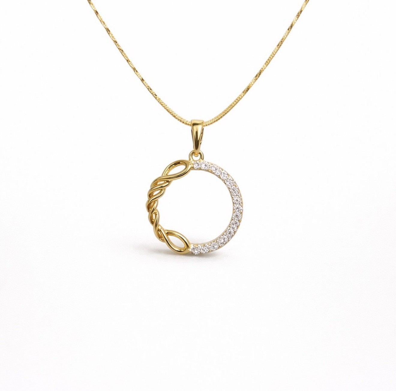 Gold Plated Twisted Circle Pendant Necklace – Pavé Crystal Infinity Round Charm