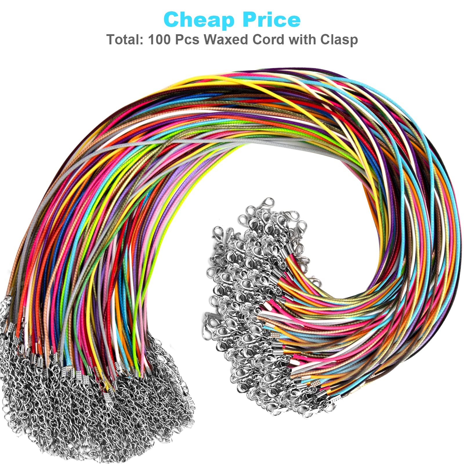 100 Pcs Leather Necklace Cords with Clasps – 19.7″ Waxed String – Multicolor