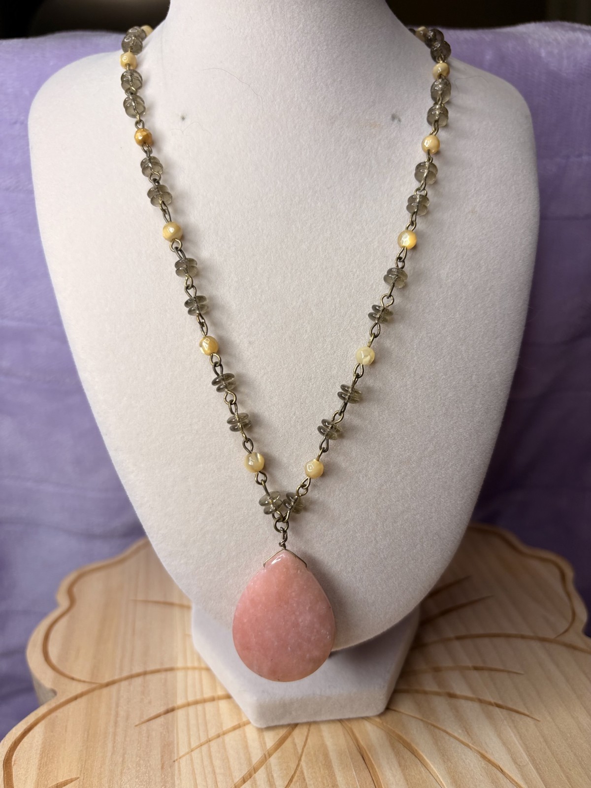 Rose Quartz, Yellow And Clear Beaded Necklace 3″ Extender, Gold Tone Earrings