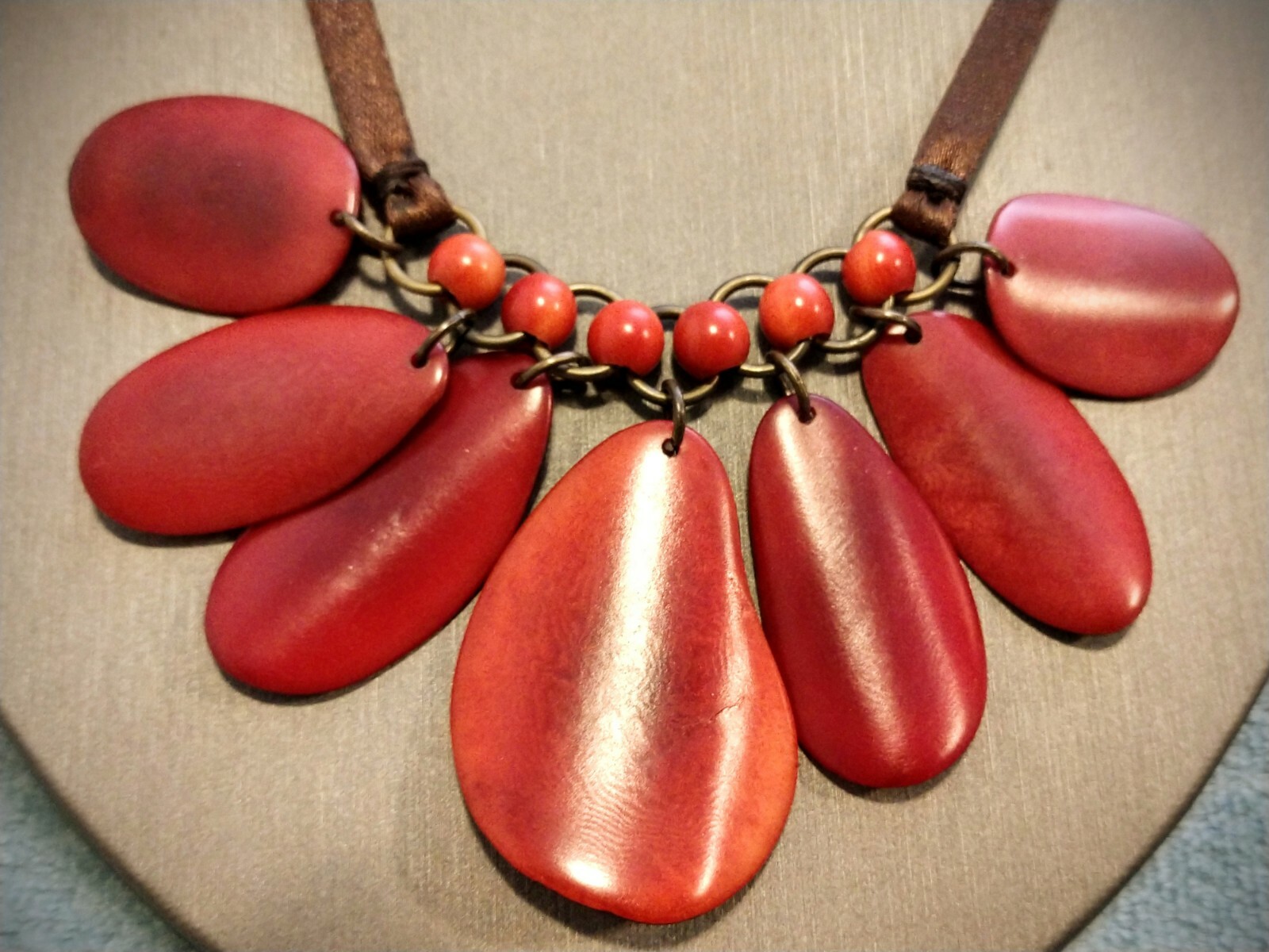 Voguish & Hot Red Wavy Ovals and Beads with Brown Cord Strand Necklace ~ Choker