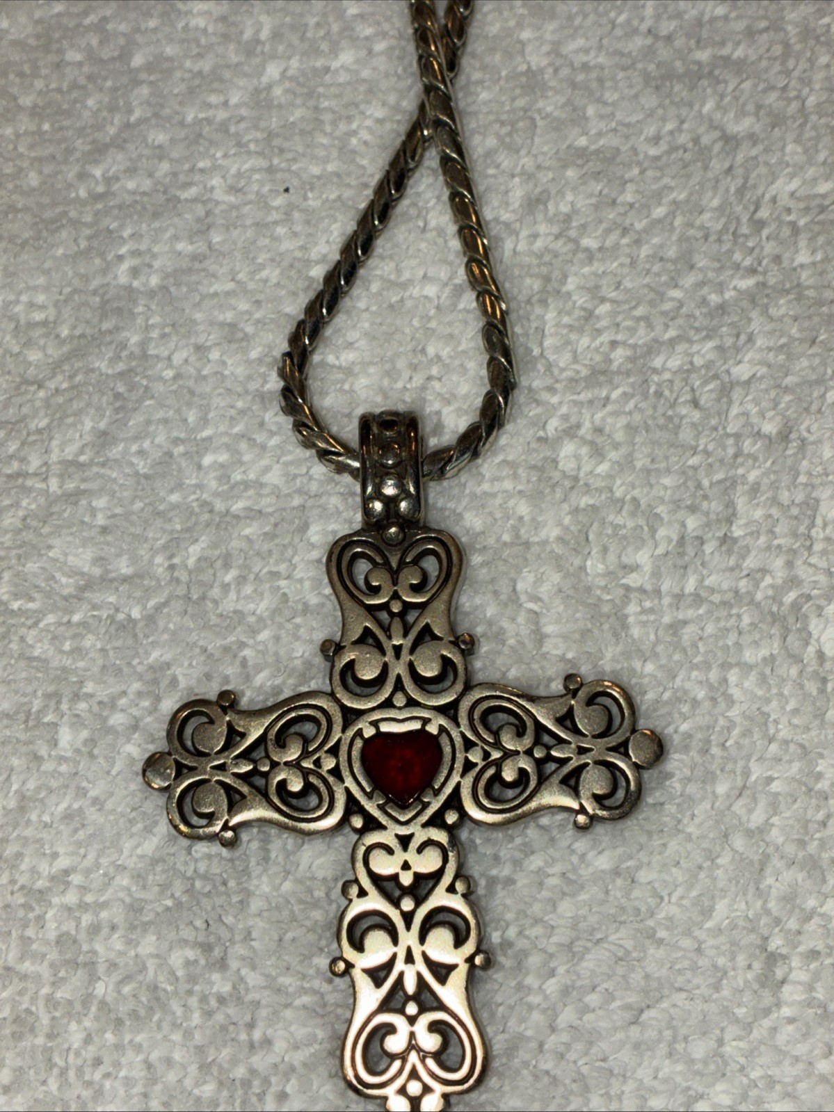 Beautiful BRIGHTON SILVER 13-1/2”ENDLESS LOVE CROSS NECKLACE RED CRYSTAL HEART