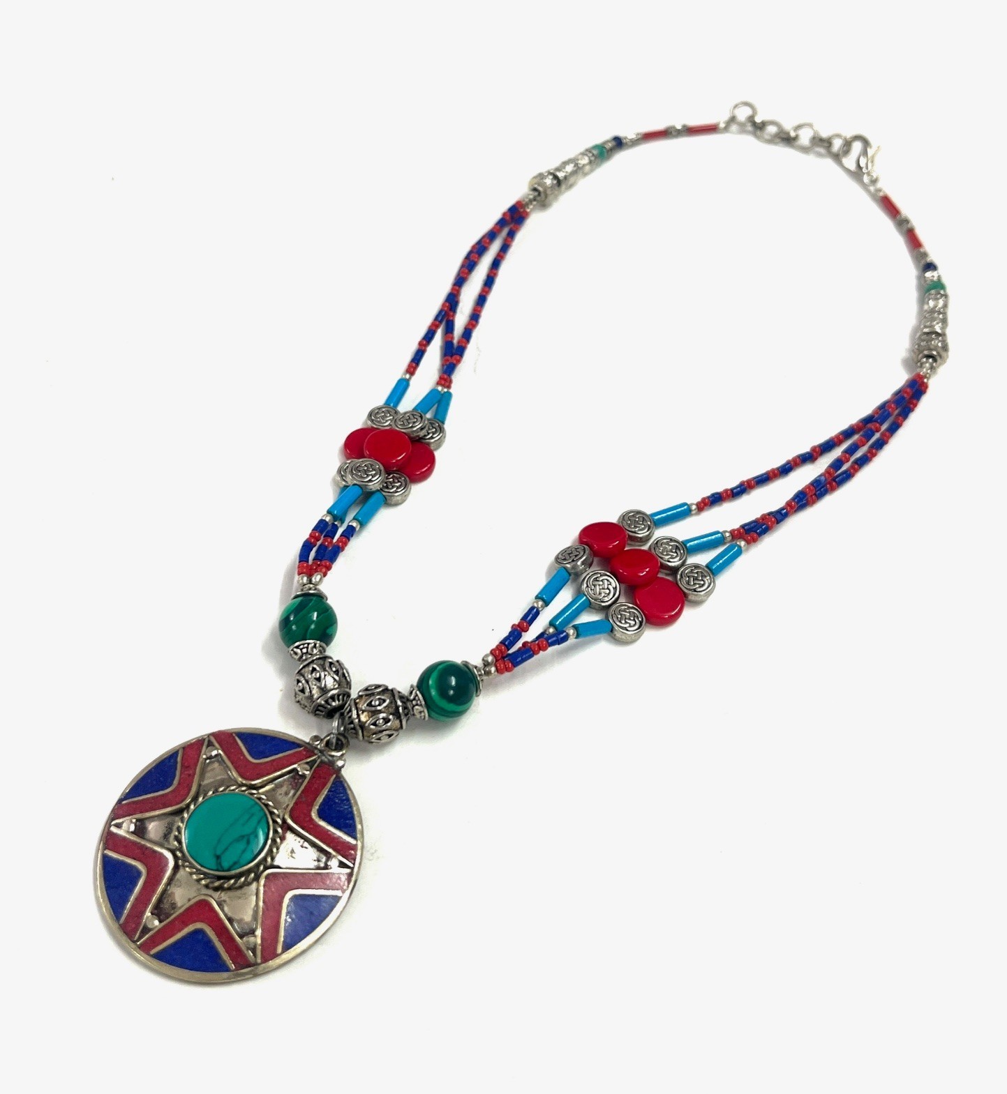 Handcrafted Lapis Coral Gemstone Tibetan Boho Necklace Jewelry, 16 Inch Adjs