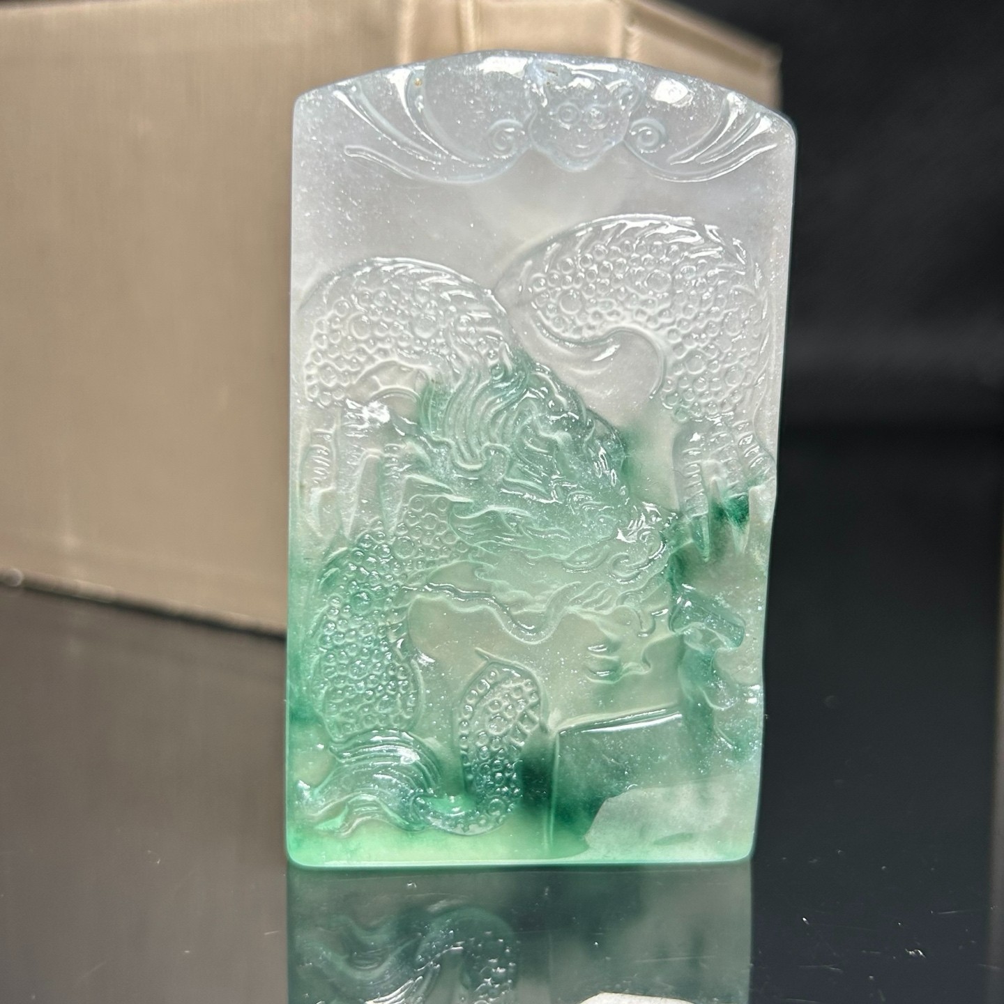 Nature ice green&white Burmese Jade Jadeite Carved dragon lucky Pendant&Necklace