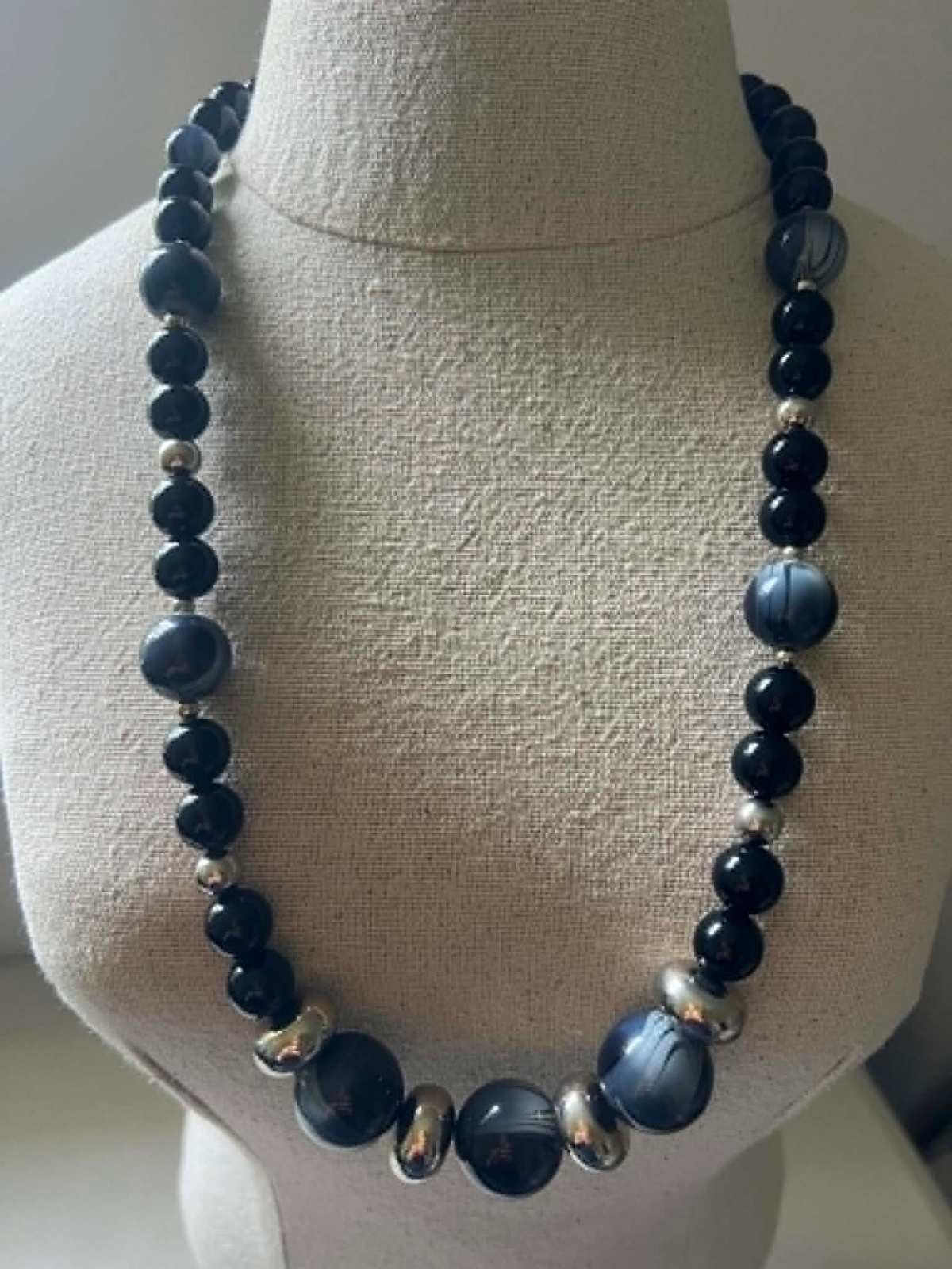 Black and Gray Beaded Necklace with Silver Accents