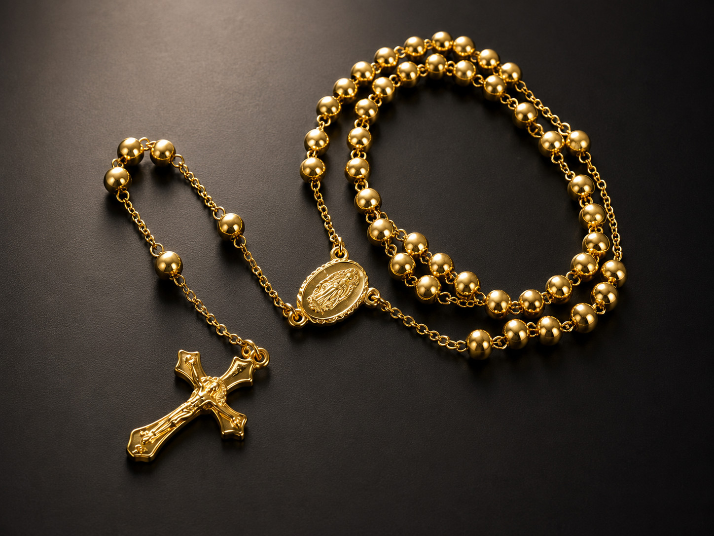 HEIRLOOM 18K GOLD PLATED ROSARY | RARE 24″ CRUCIFIX & VIRGIN MARY BEADED CHAIN