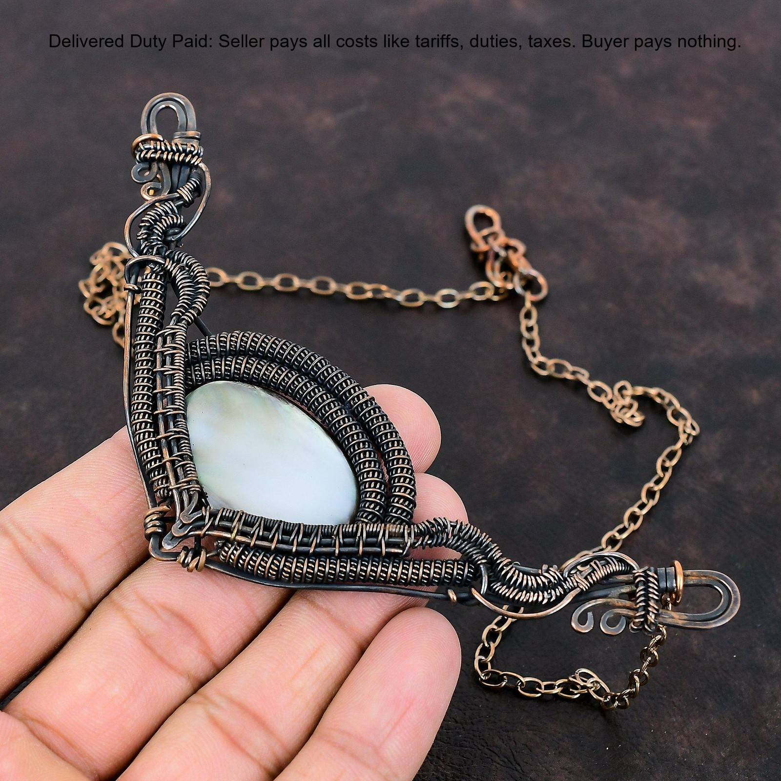 Mother Of Pearl Stone Copper June Birth Chain Wife Wire Wrapped Wedding Necklace