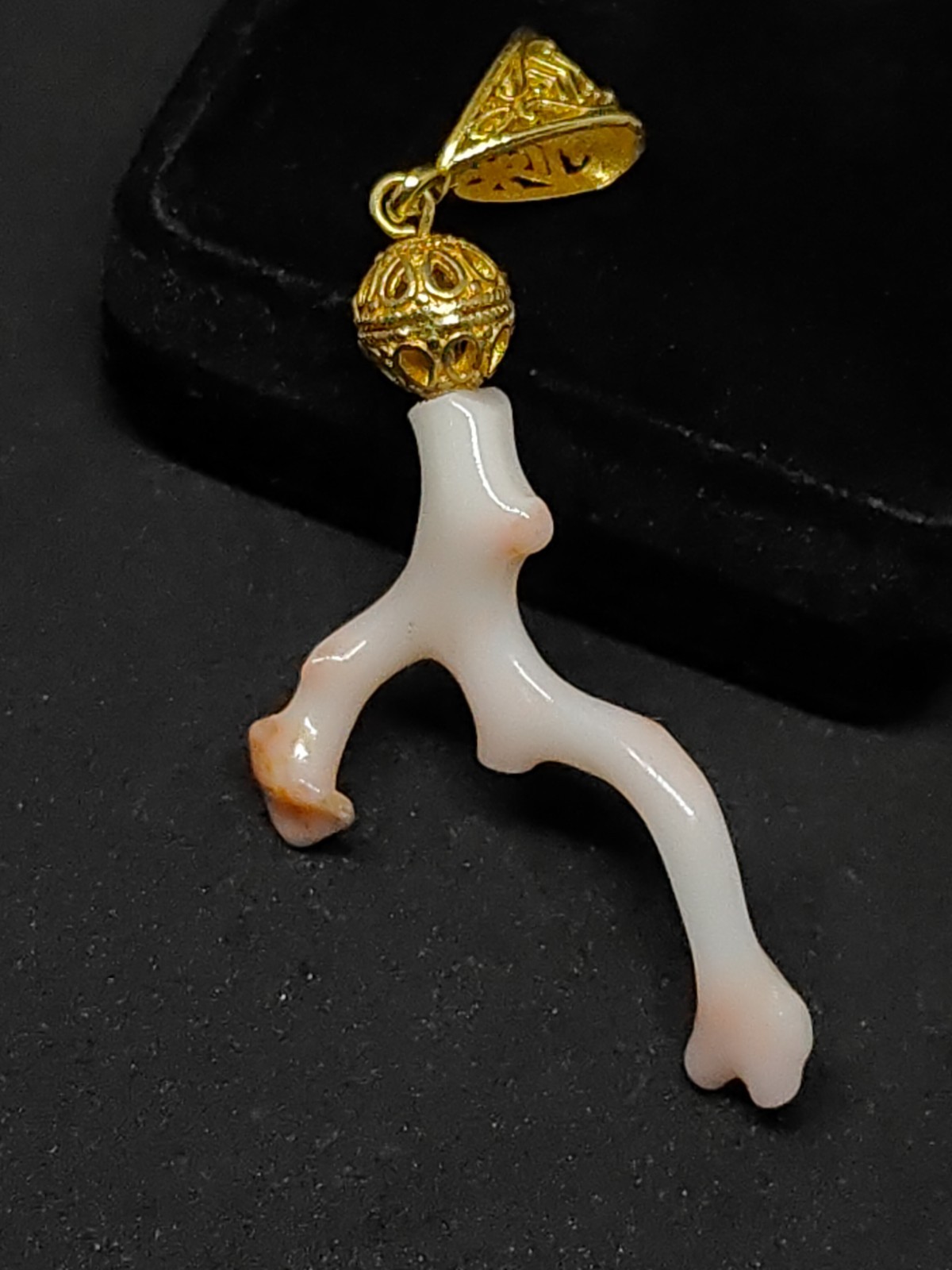 Pink White Japanese Coral Branch Pendant -Smooth Polished Gold Tone Brass
