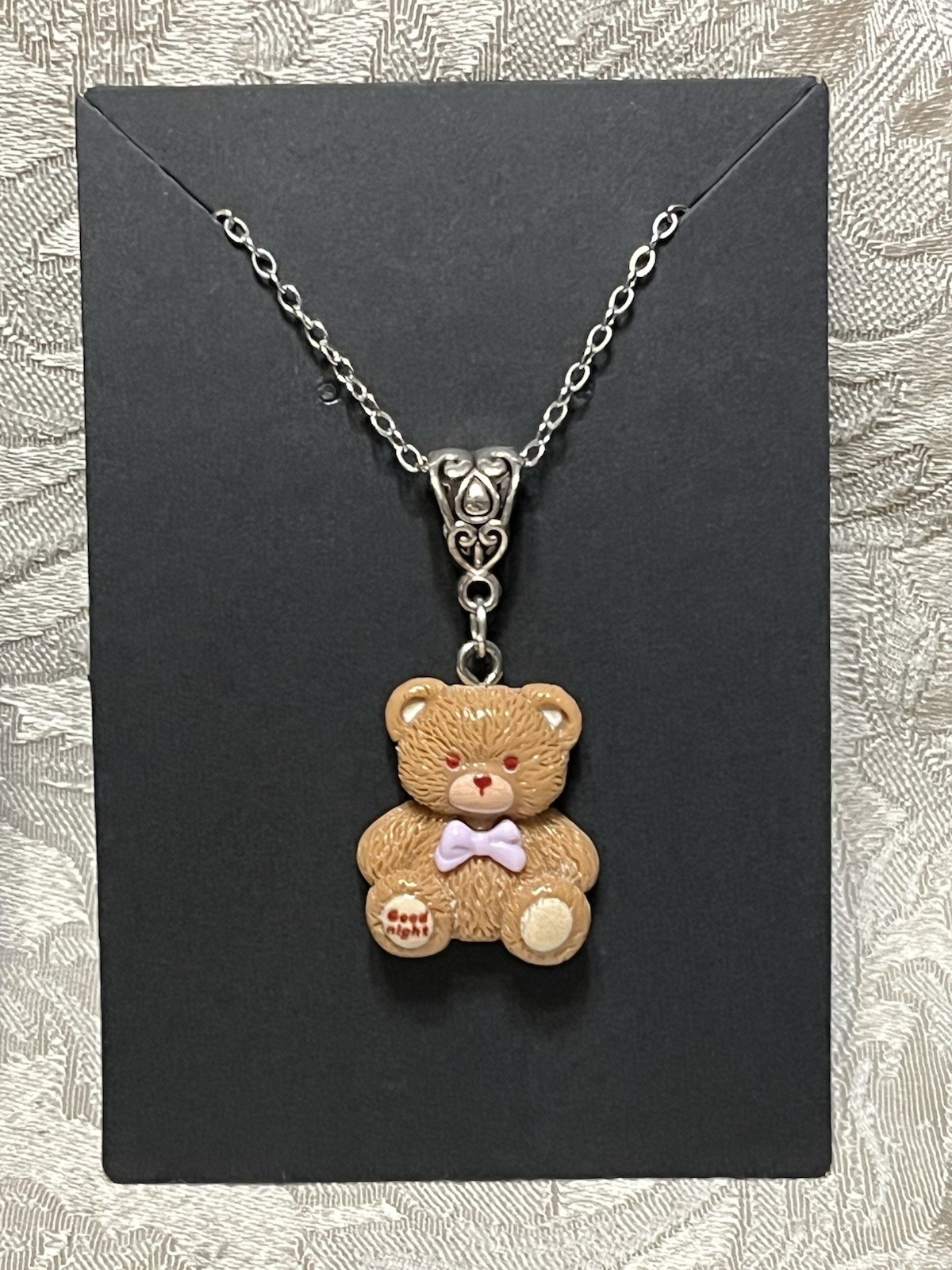 Whimsical Teddy Bear Resin Charm Pendant Fashion Trendy Silver Necklace 18”