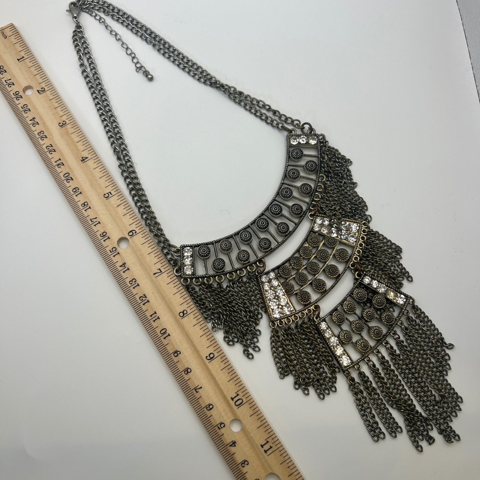 Boho Antique Gold Tone Fringe Bib Statement Necklace Clear Rhinestone Festival