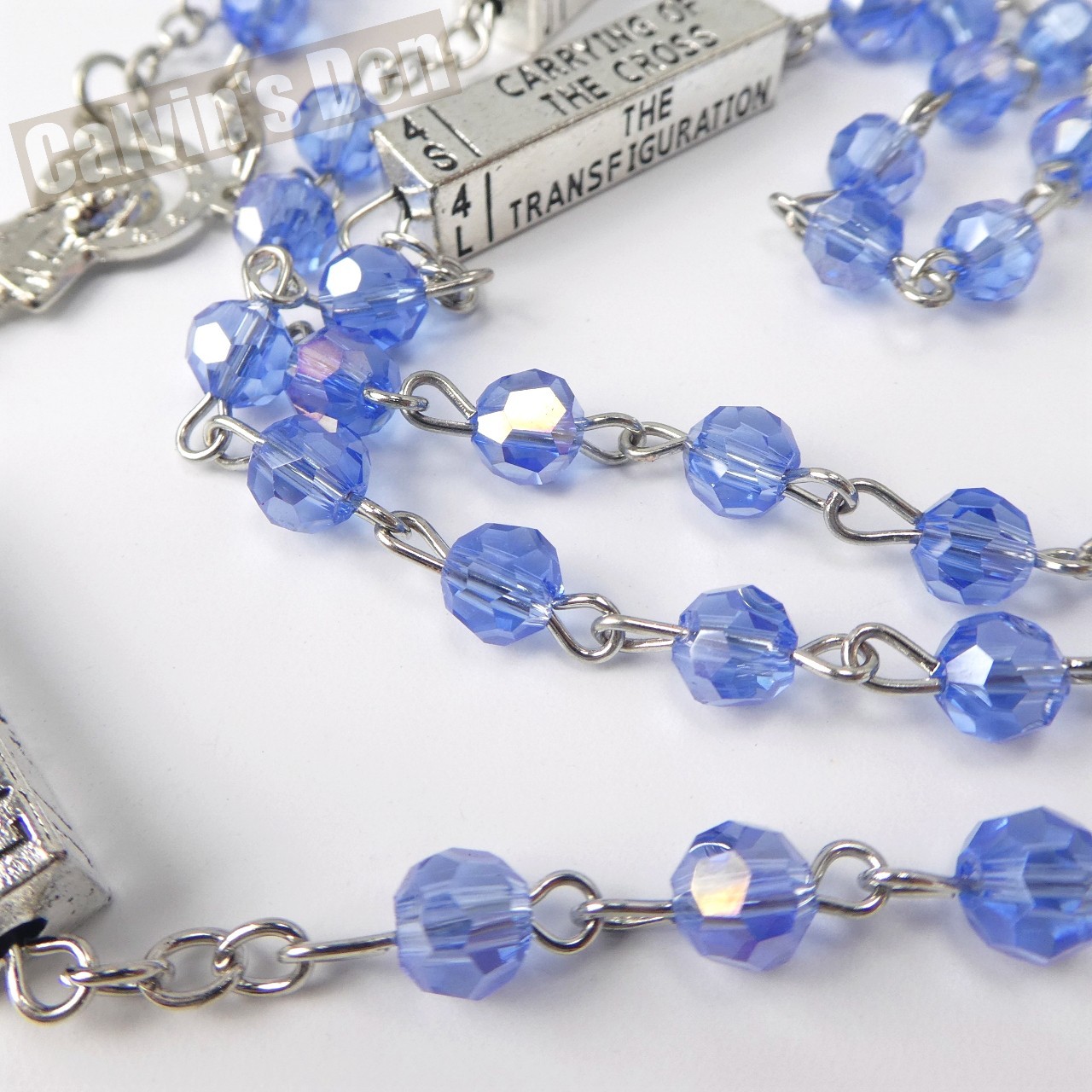 Mysteries of the Rosary Devotional Metal Bead Blue Crystal Necklace Crucifix