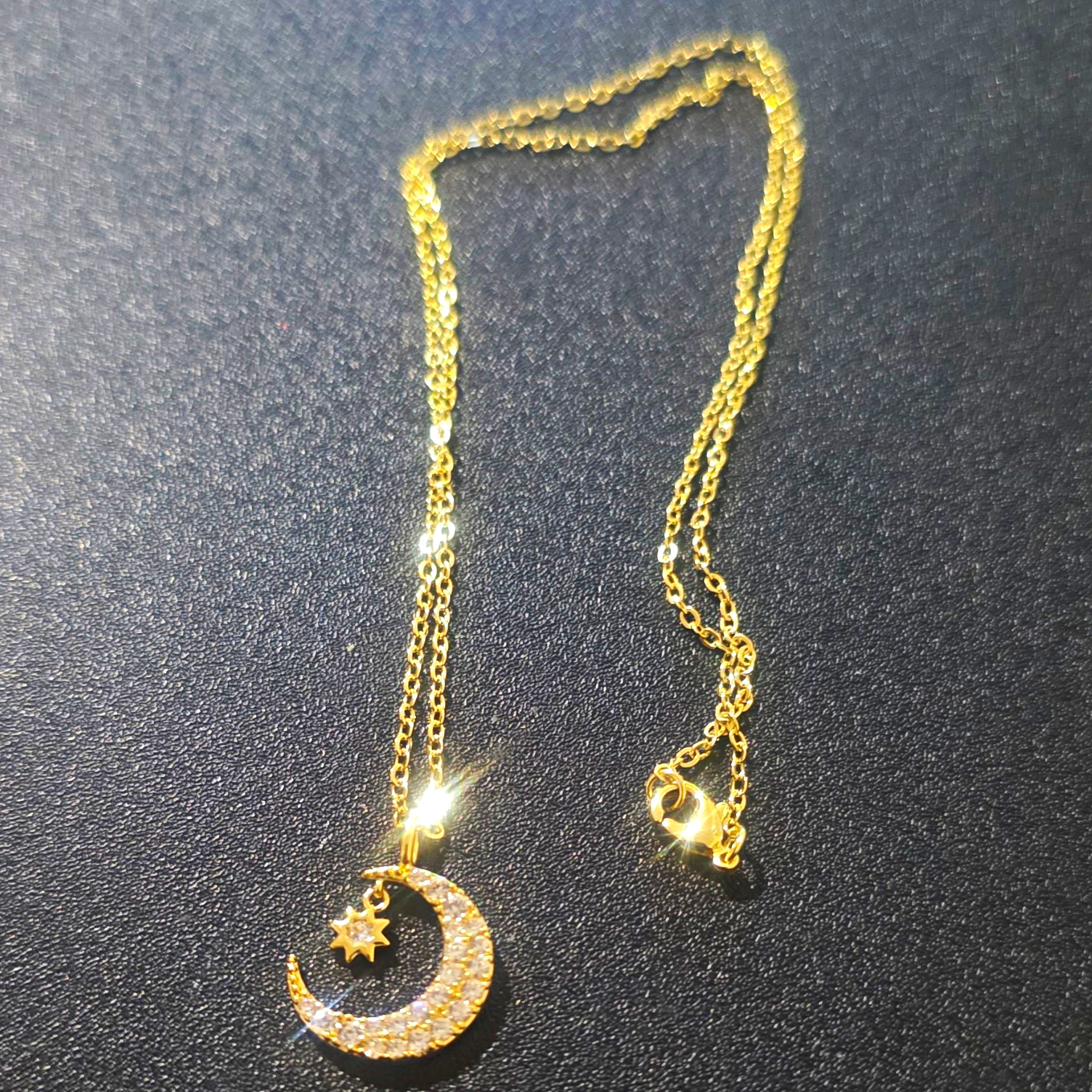 New 18K Gold Filled Cable Chain Necklace, Lobster Clasp, CZ Moon Star Pendant