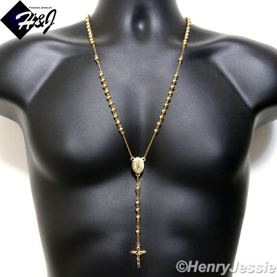 26+5″MEN Stainless Steel 6mm Gold Plated Beads Virgin Mary Rosary Necklace*RN11