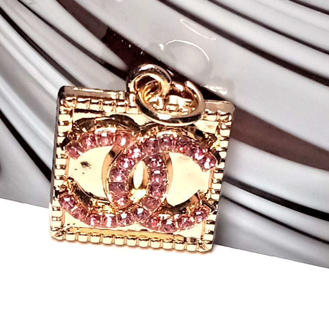 Designer Pink Rhinestones & Gold Tone, Zipper Pull Button Charm pendant
