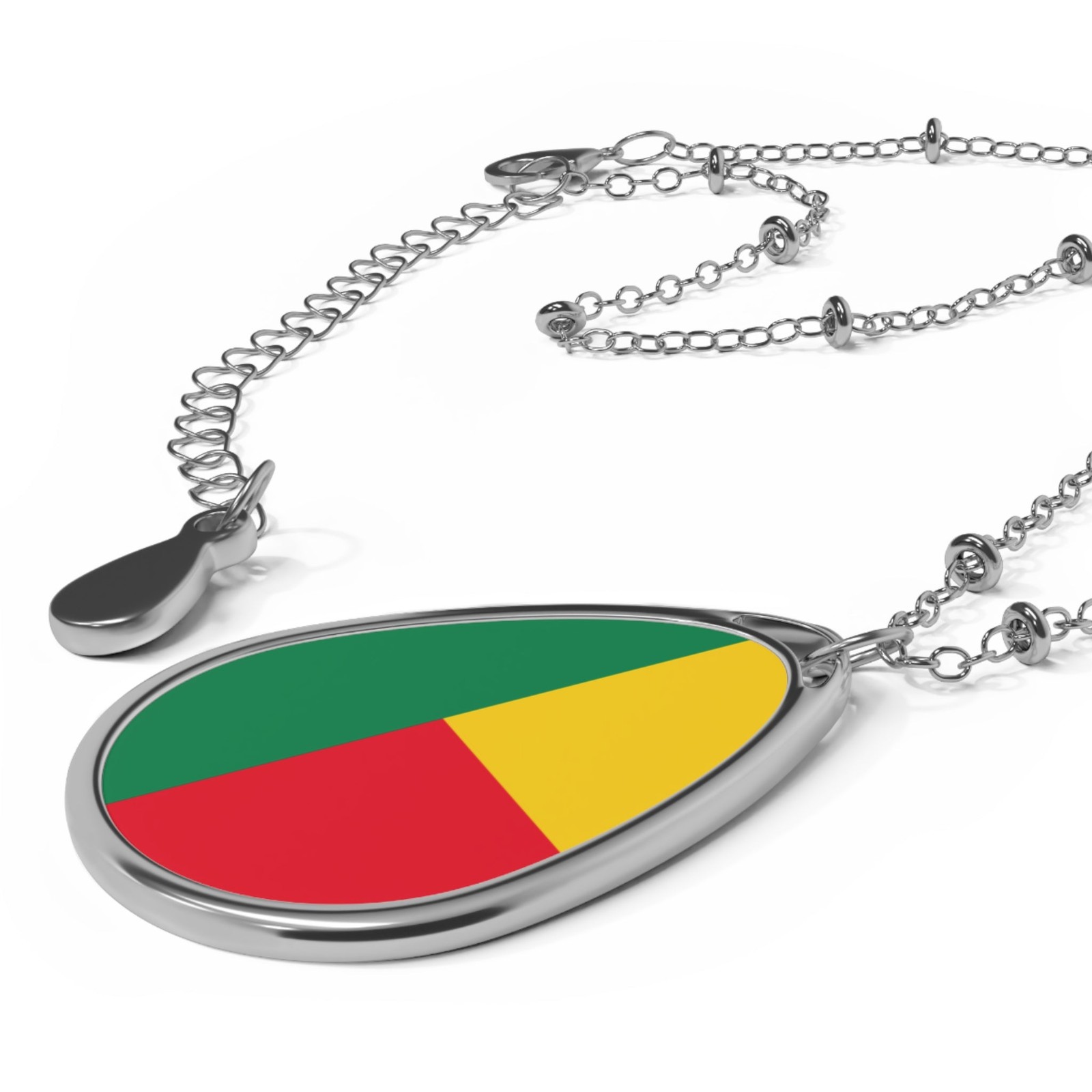 Benin Flag Oval Necklace – Beninese Heritage Pendant – One Size / Silver