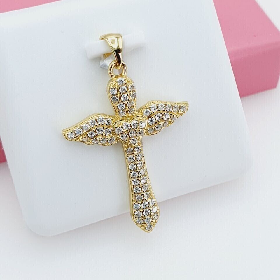 2Ct Round Cut Simulated Diamond Holy Cross Wings Pendant 14k Yellow Gold Plated
