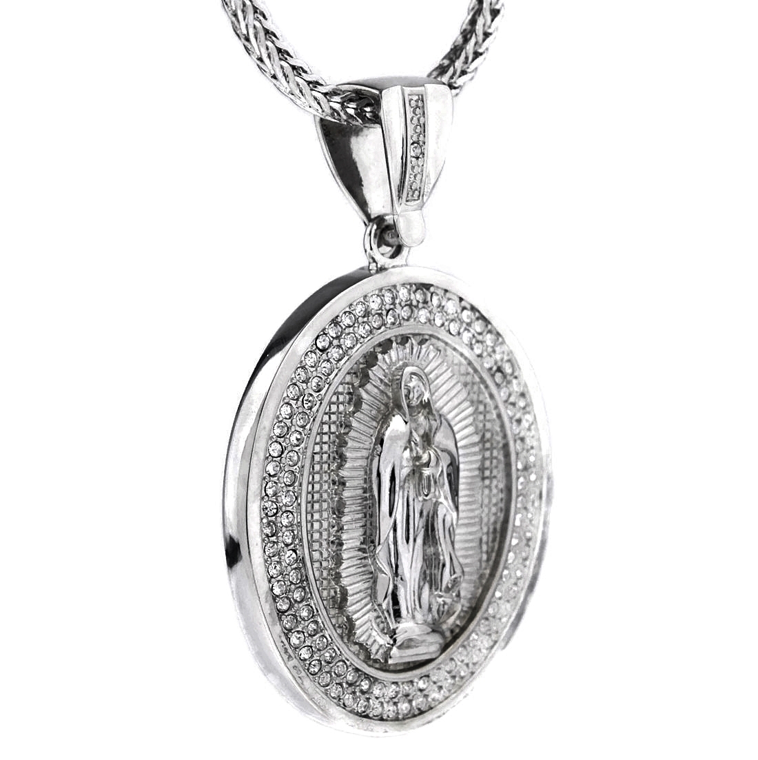 Virgin Mary Iced Simulated CZ Virgen De Guadalupe Silver Tone Franco Chain 36″