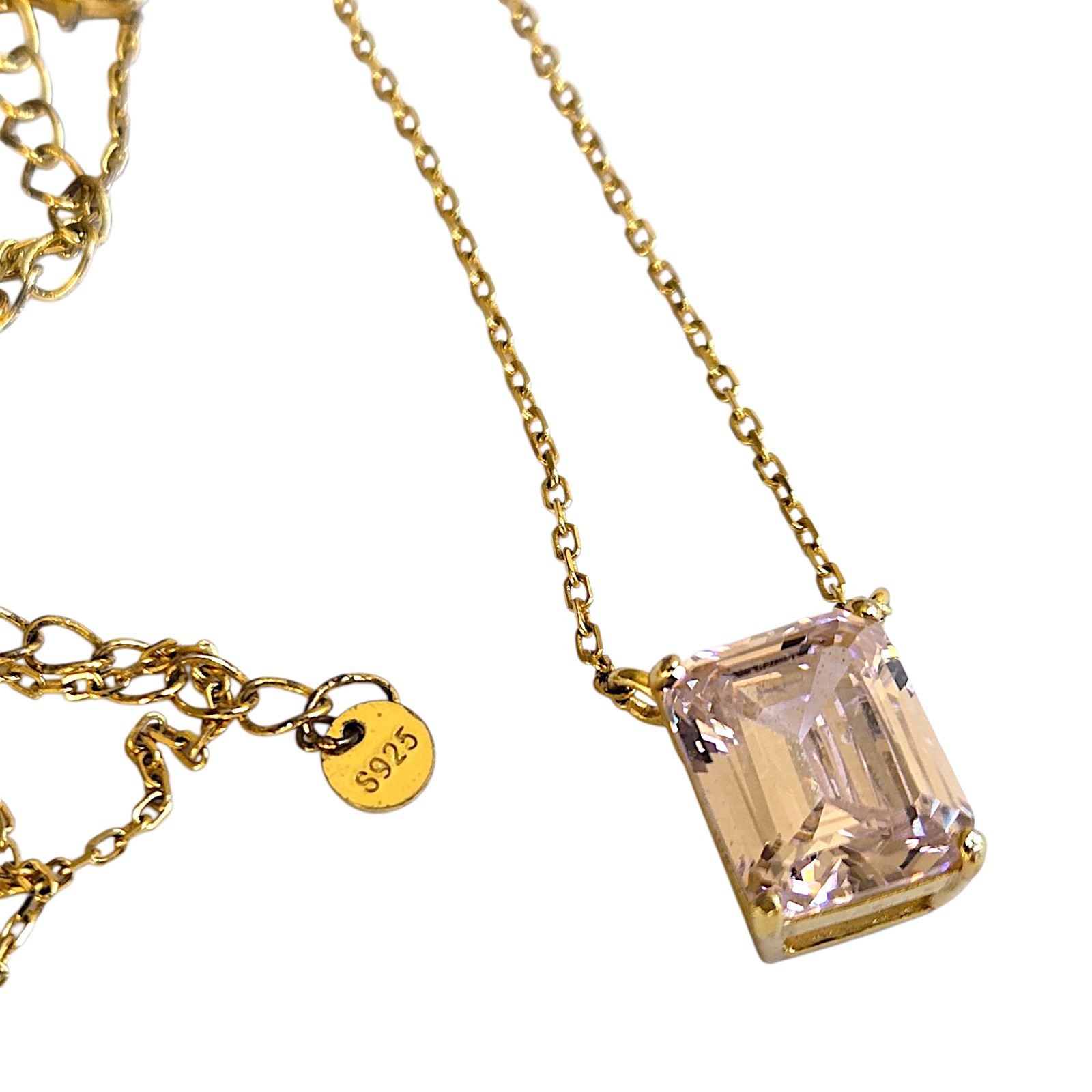Gold Cake 925 Sterling Silver Pink CZ Emerald Cut Necklace Gold Plated 17″-20″