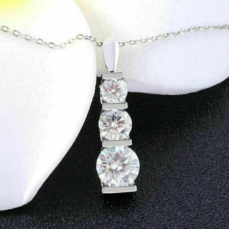 Sparkling Three Stone Pendant Round Cut Simulated Diamond 14K White Gold Plated