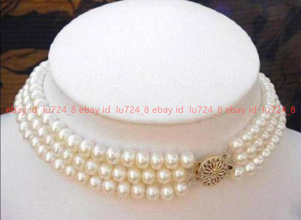 7-8MM Natural 3 Rows White Freshwater Cultured Real Pearl Necklace 17-19″