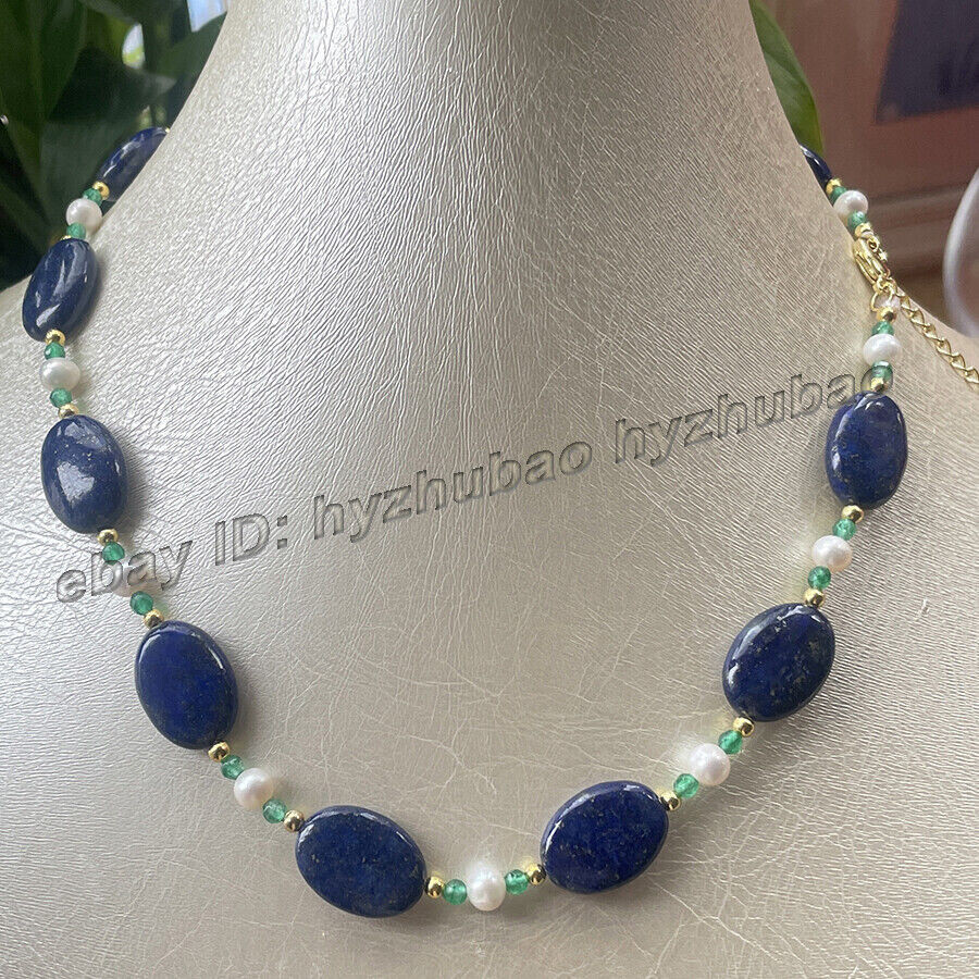 14-36″ 13x18mm Oval Blue Lapis Lazuli &White Pearl &Green Emerald Beads Necklace