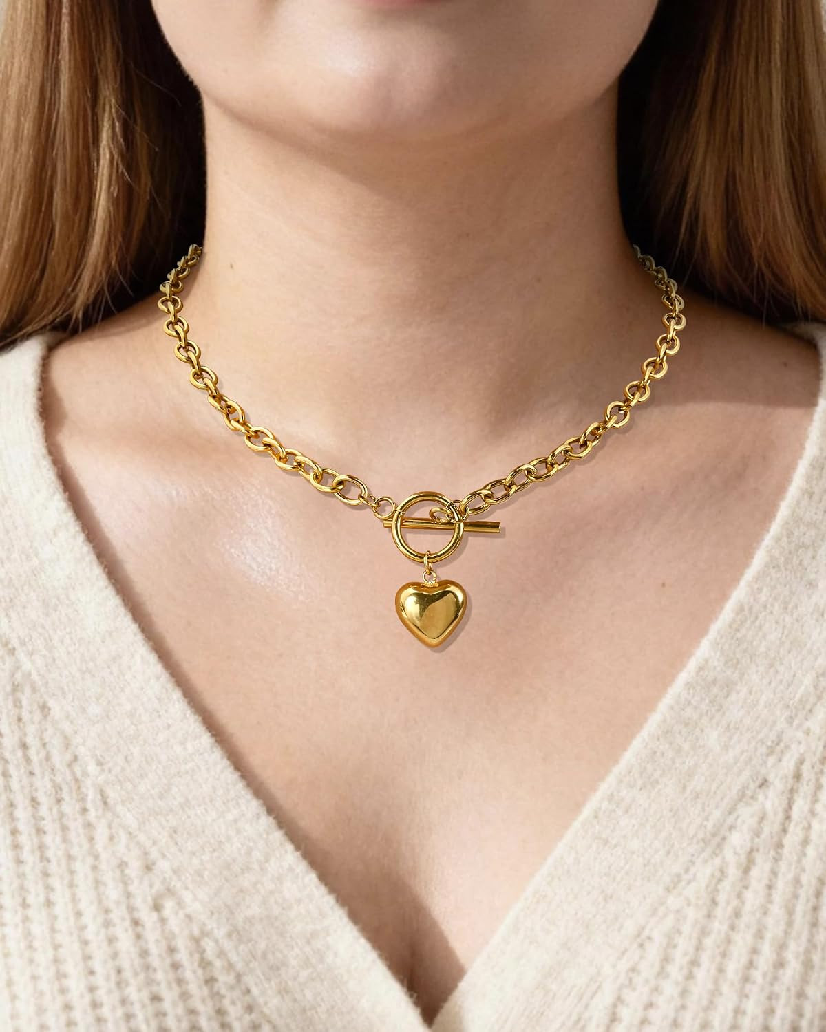 14K Gold Plated Heart Pendant Necklace for Women Trendy Chunky Link Chain Toggle