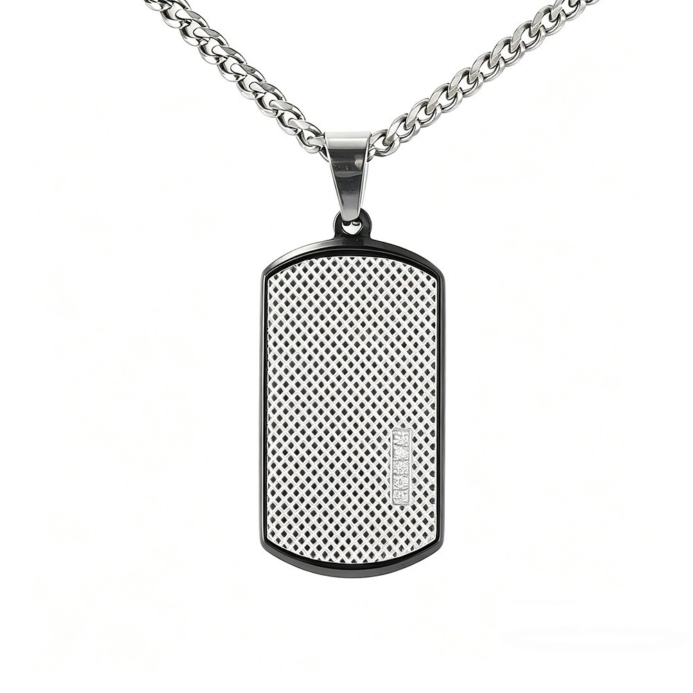 Silver Stainless Steel CZ Dog Tag Pendant Necklace Army Military Graduation Gift
