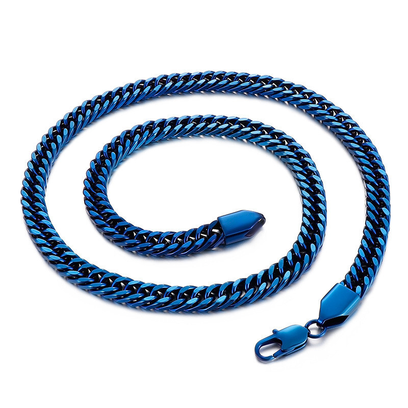 8mm 24” Blue Miami Curb Chain Necklace Stainless Steel Polished Jewelry Mens