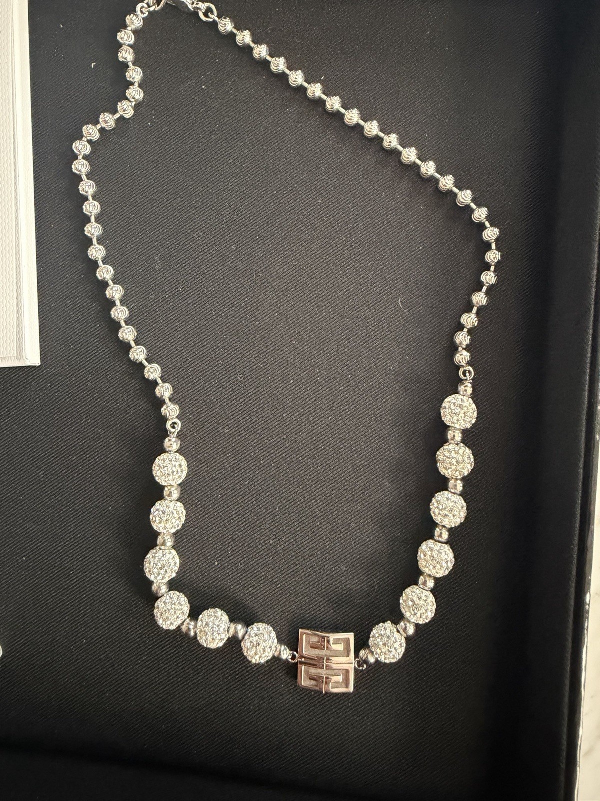 Givenchy Signed Silver-Tone Pavé Crystal Ball/Bead Chain Necklace, Lobster