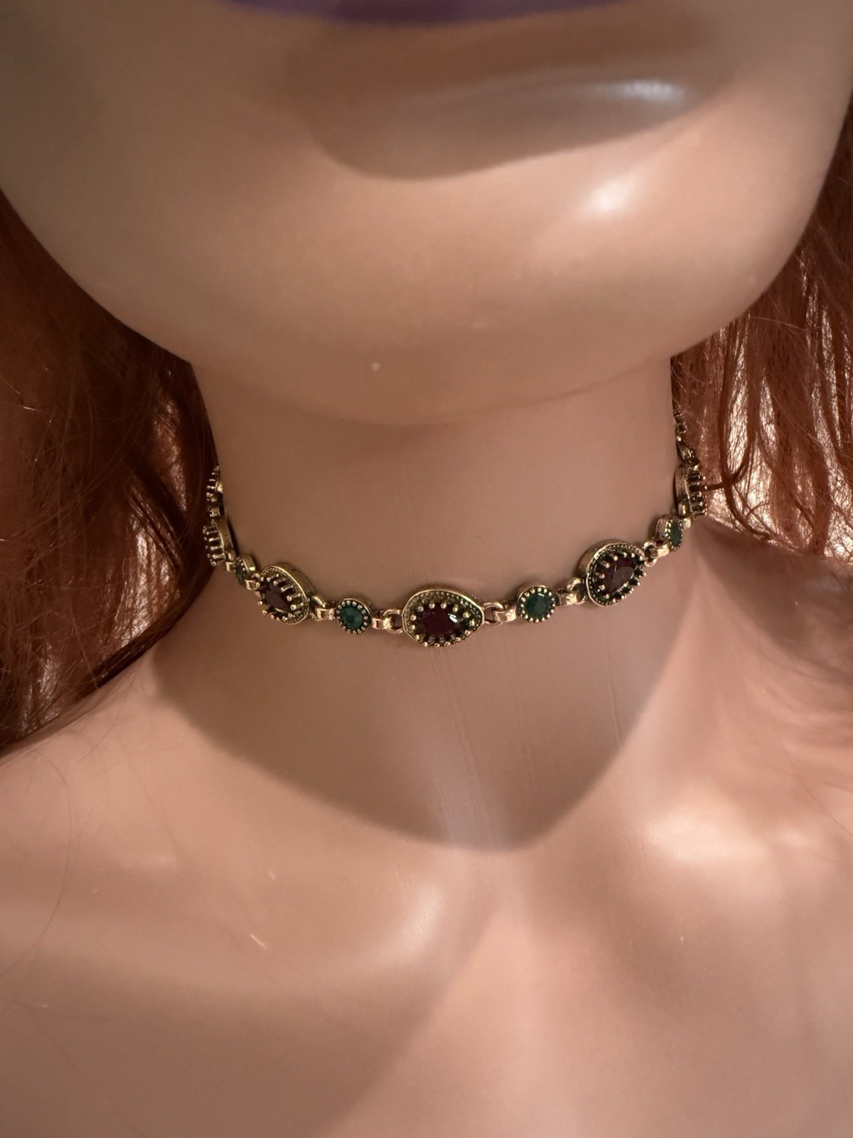 Gold Choker Necklace Chunky Statement Red Green