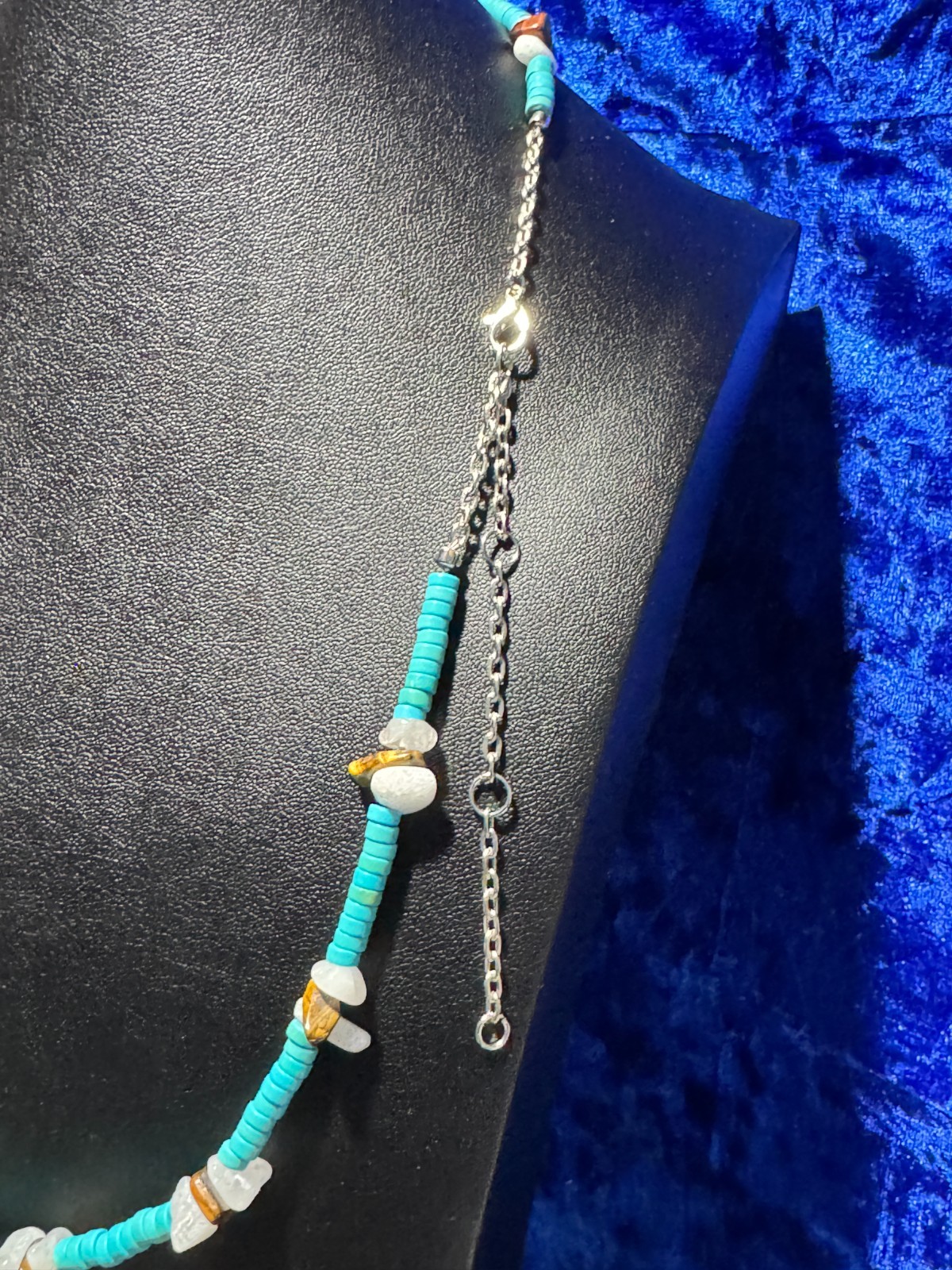 Turquoise & White Jade Natural Gemstone Beach Style Necklace Chain 24.5 + 3.5″