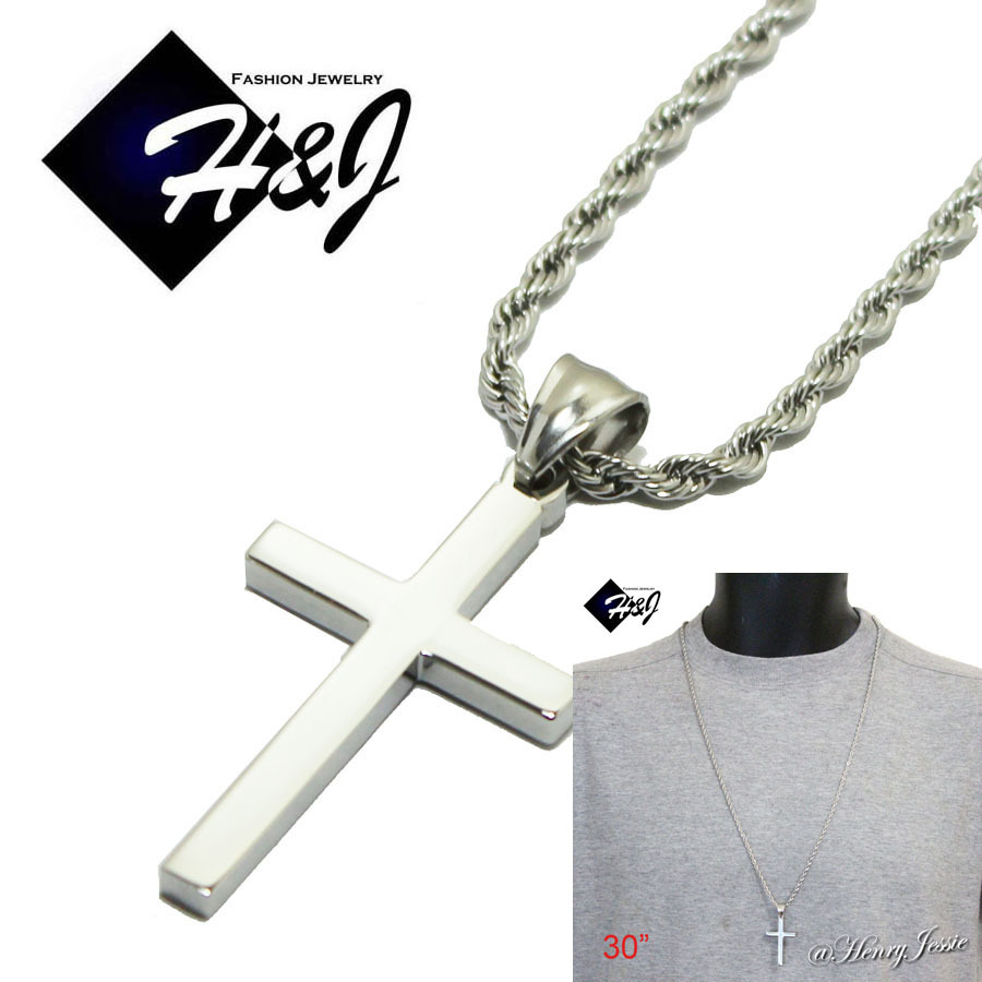 30″MEN’s Stainless Steel 2.5mm Silver Smooth Rope Chain Necklace Cross Pendant*P