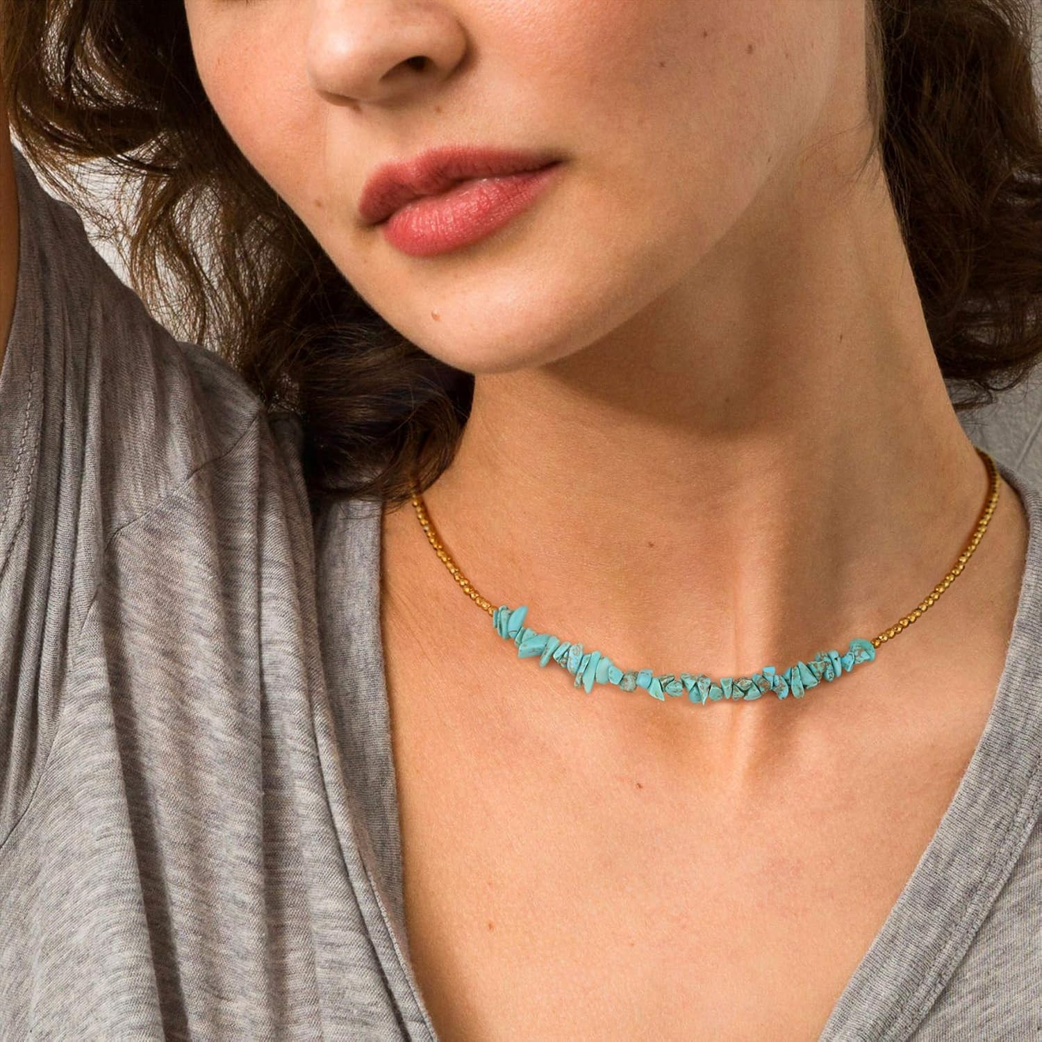 Aobei Pearl Gemstone Beaded Choker Necklace for Women Boho Turquoise/Cultured Fr