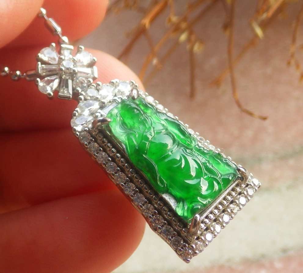 Video Certified Silver 925 Green A Jade jadeite Pendant Guan Gong God 124818 TS
