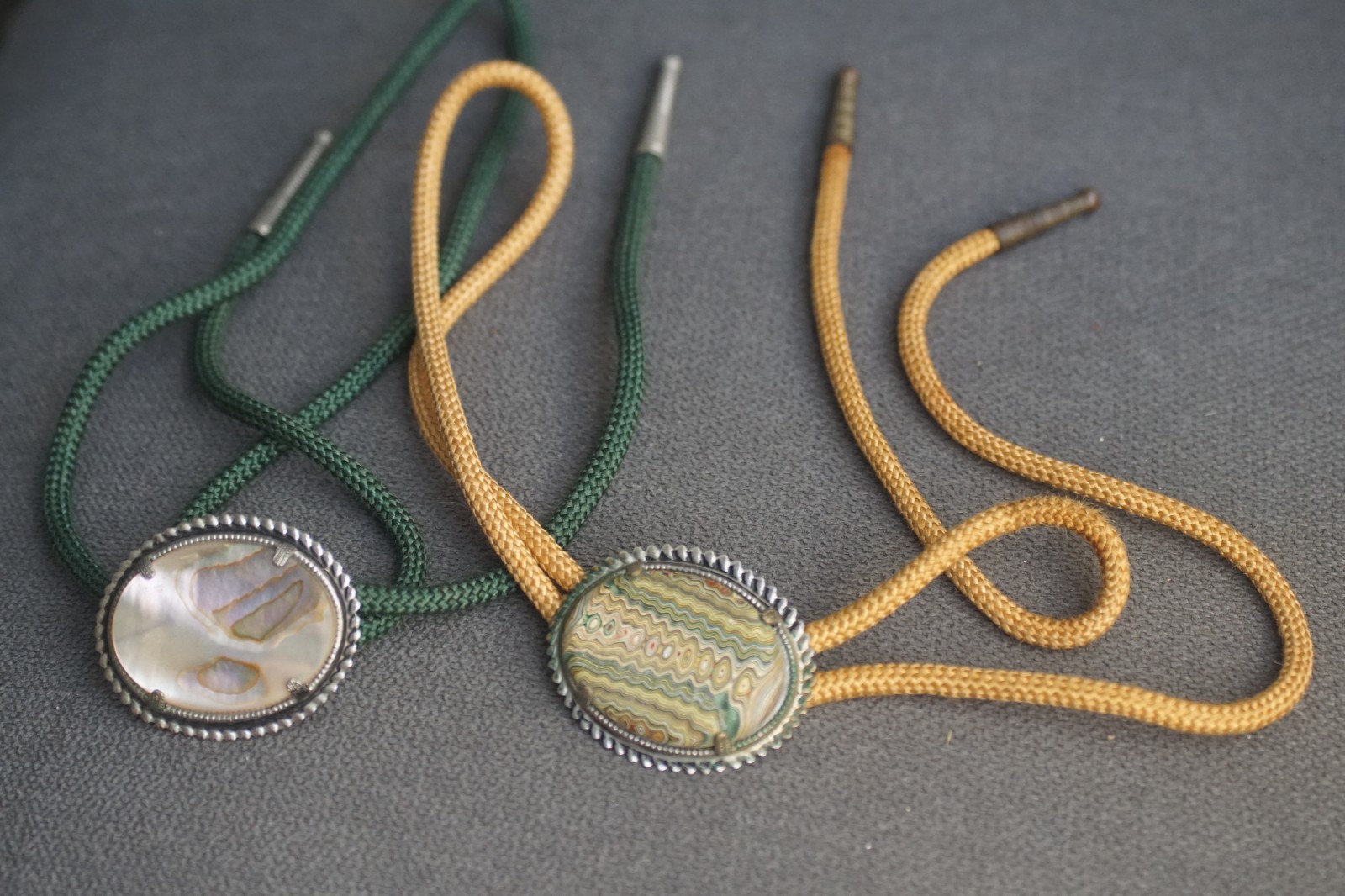 Vintage Abalone on Green Cord 18″ Lariat String Ties (2), adjustable length