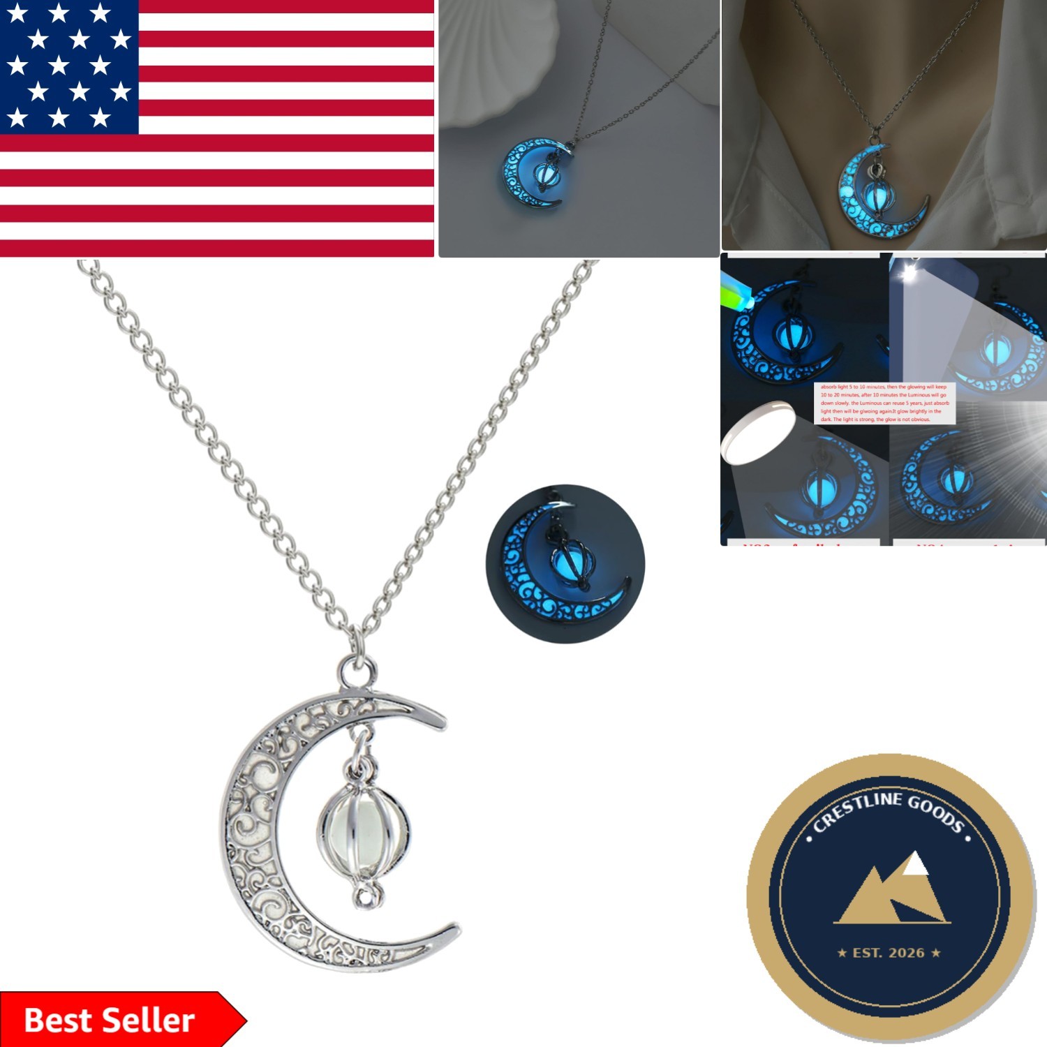 Enchanting Glow in the Dark Silver Crescent Moon & Orb Necklace – Sky Blue Charm