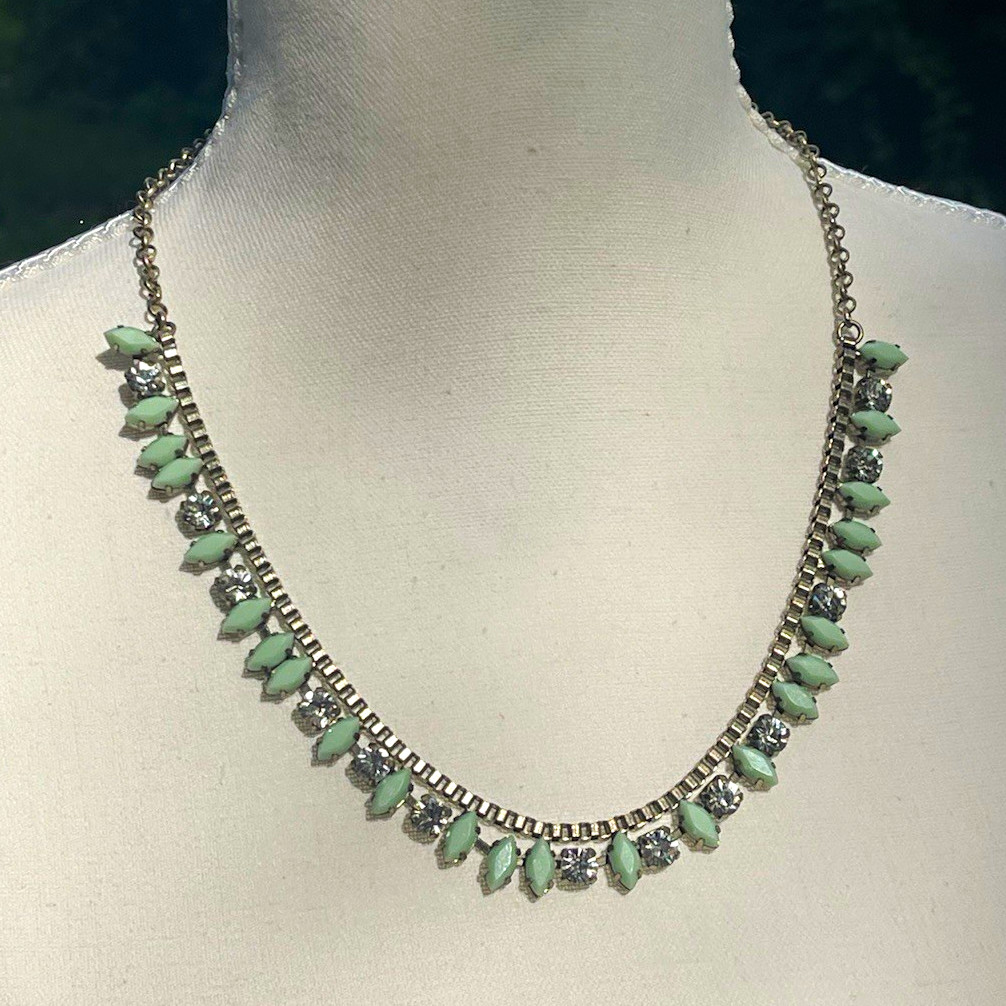 Crew Mint Green Marquise Statement Necklace Silver Tone Rhinestone Bib 22″