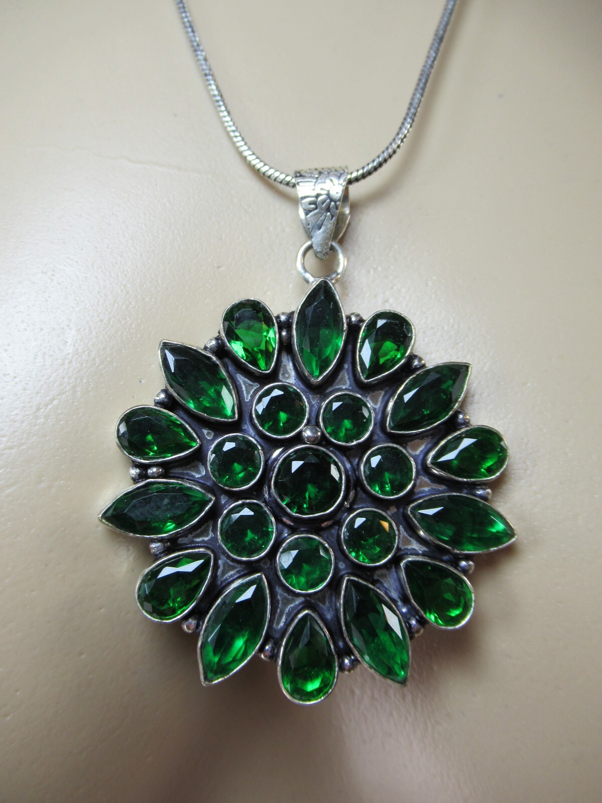 Necklace Pendant Flower Green Cluster Bezel Set Glass Cabs Bold Large Silver