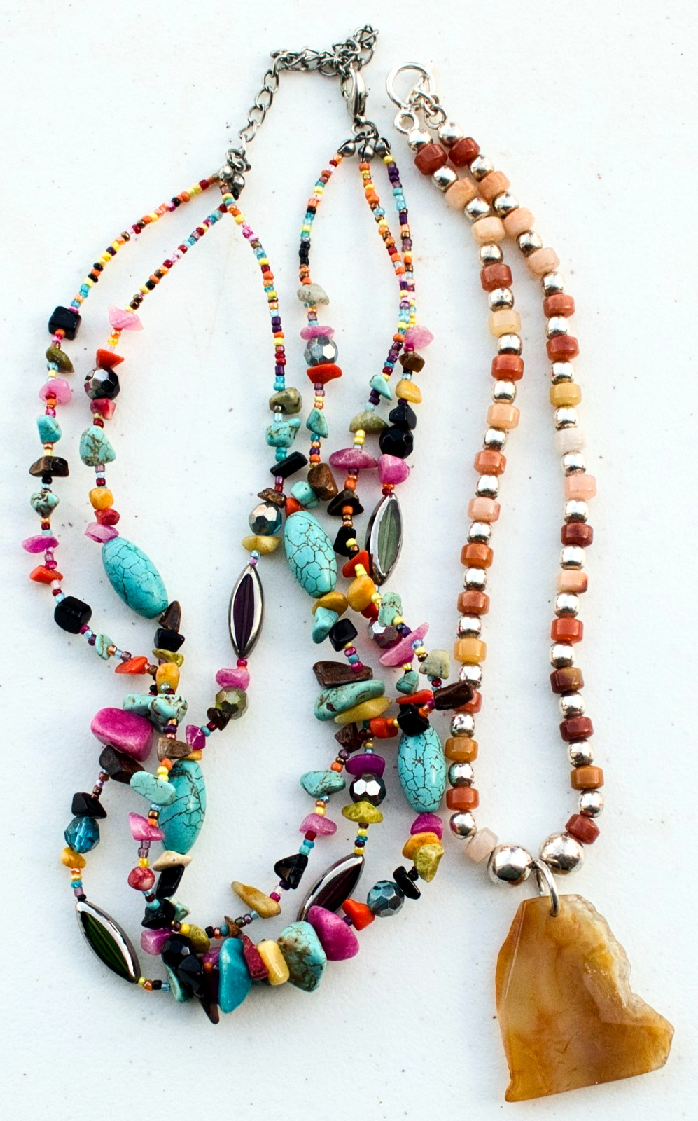 Lot of 2 Glass & Various Gemstone Bead Necklaces