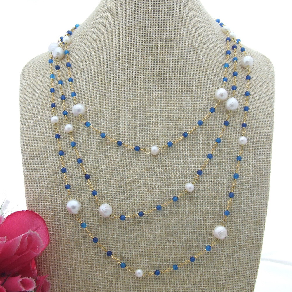 70″ White Keshi Pearl Blue Agate Gold Plated Chain Long Necklace