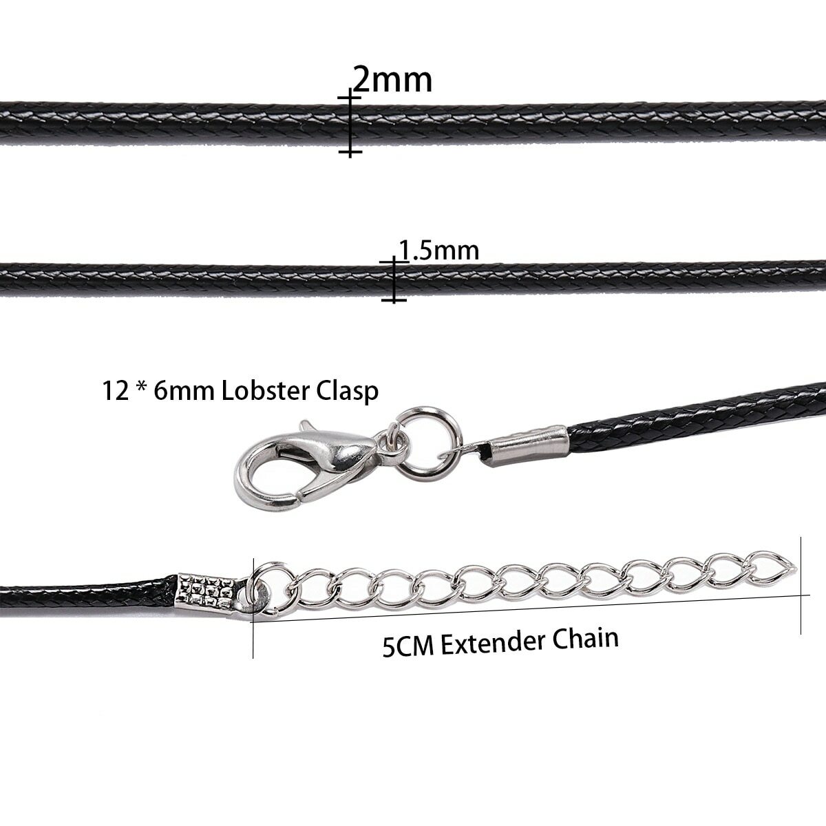 10pcs/lot 1.5mm/2mm Waxed Cotton Cord Necklace with Lobster Clasp 45cm+5cm